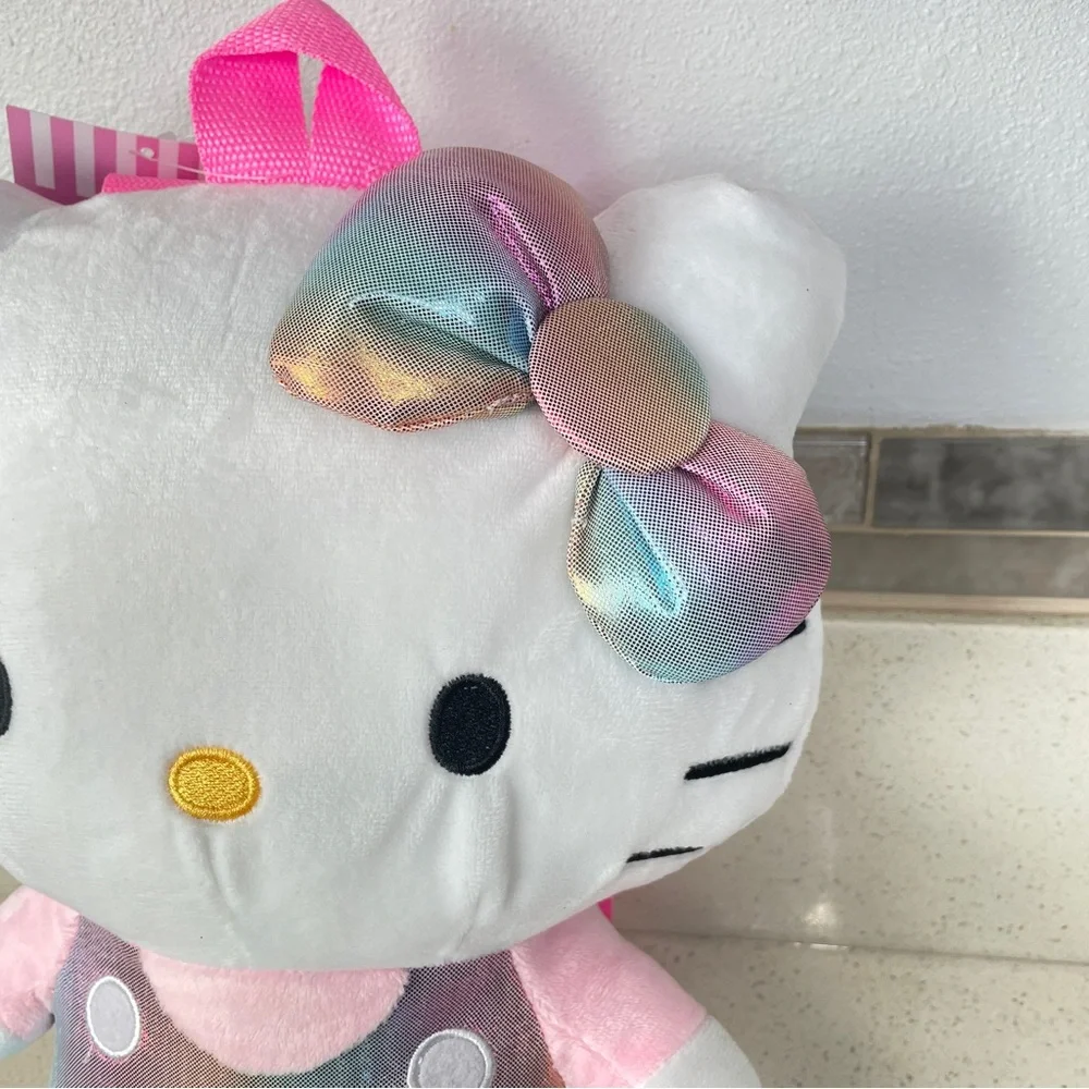 Sanrio‎ Hello Kitty Plush Backpack Rainbow Metallic Iridescent Bow Pink Straps